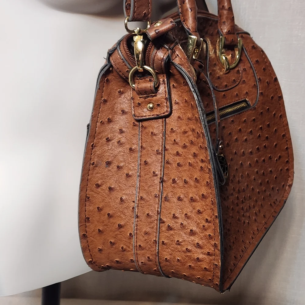 London Fog Brown Faux Leather Ostrich Satchel Bag w/ Detachable Strap